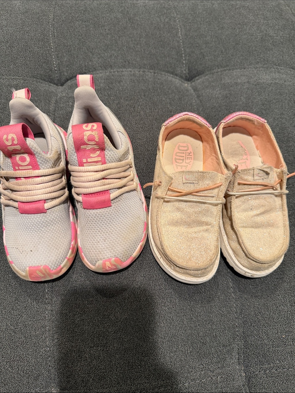 Kids Light Pink Athletic Sneakers and Tan Slip-On Shoes Set